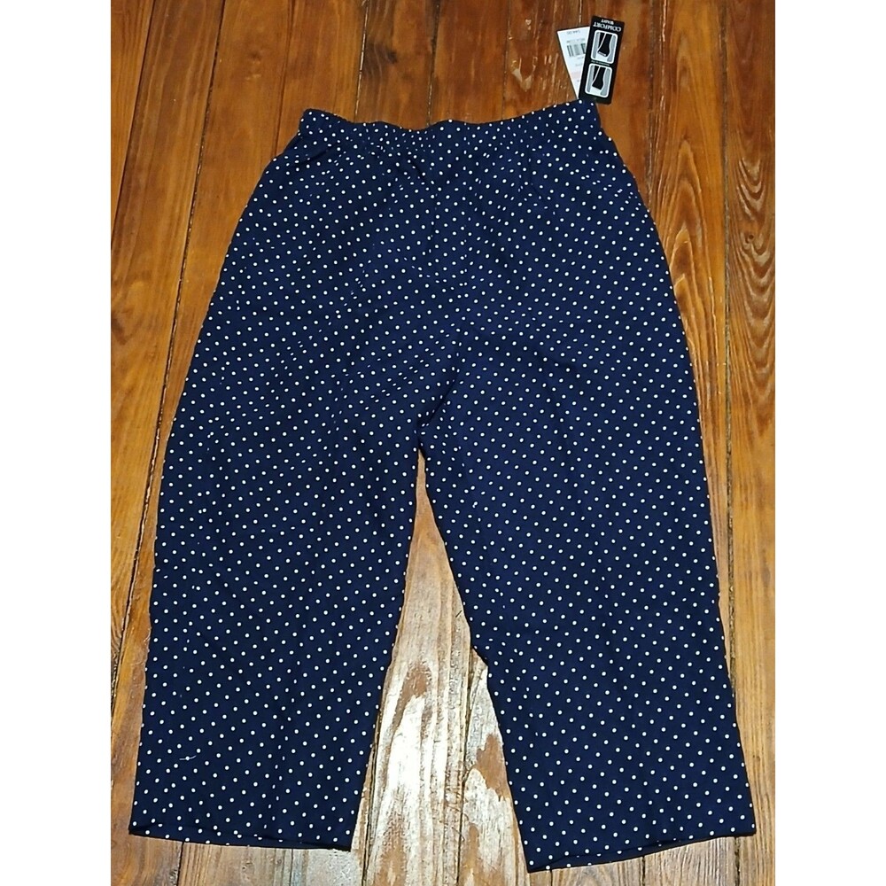 NWT Kim Rogers Comfort Waist Elastic Waistband Navy W/ Polka Dots Capri Pants 10